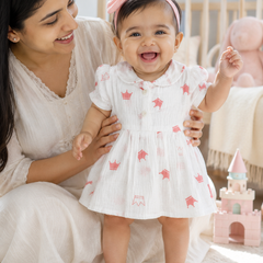 Girls Dress with Short Sleeves and Cute Collar | Premium Crinkled Double Layered Muslin Fabric - Design 11