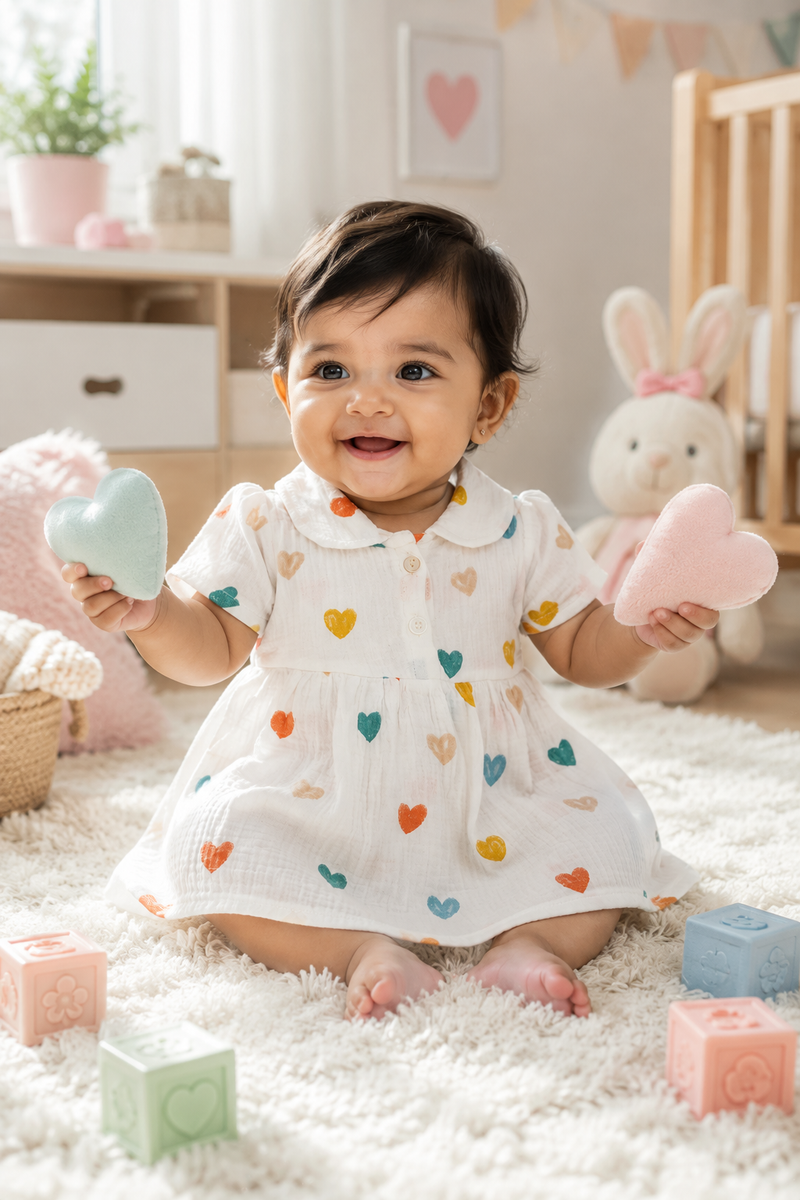Girls Dress with Short Sleeves and Cute Collar | Premium Crinkled Double Layered Muslin Fabric - Design 12
