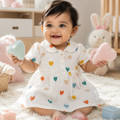 Girls Dress with Short Sleeves and Cute Collar | Premium Crinkled Double Layered Muslin Fabric - Design 12