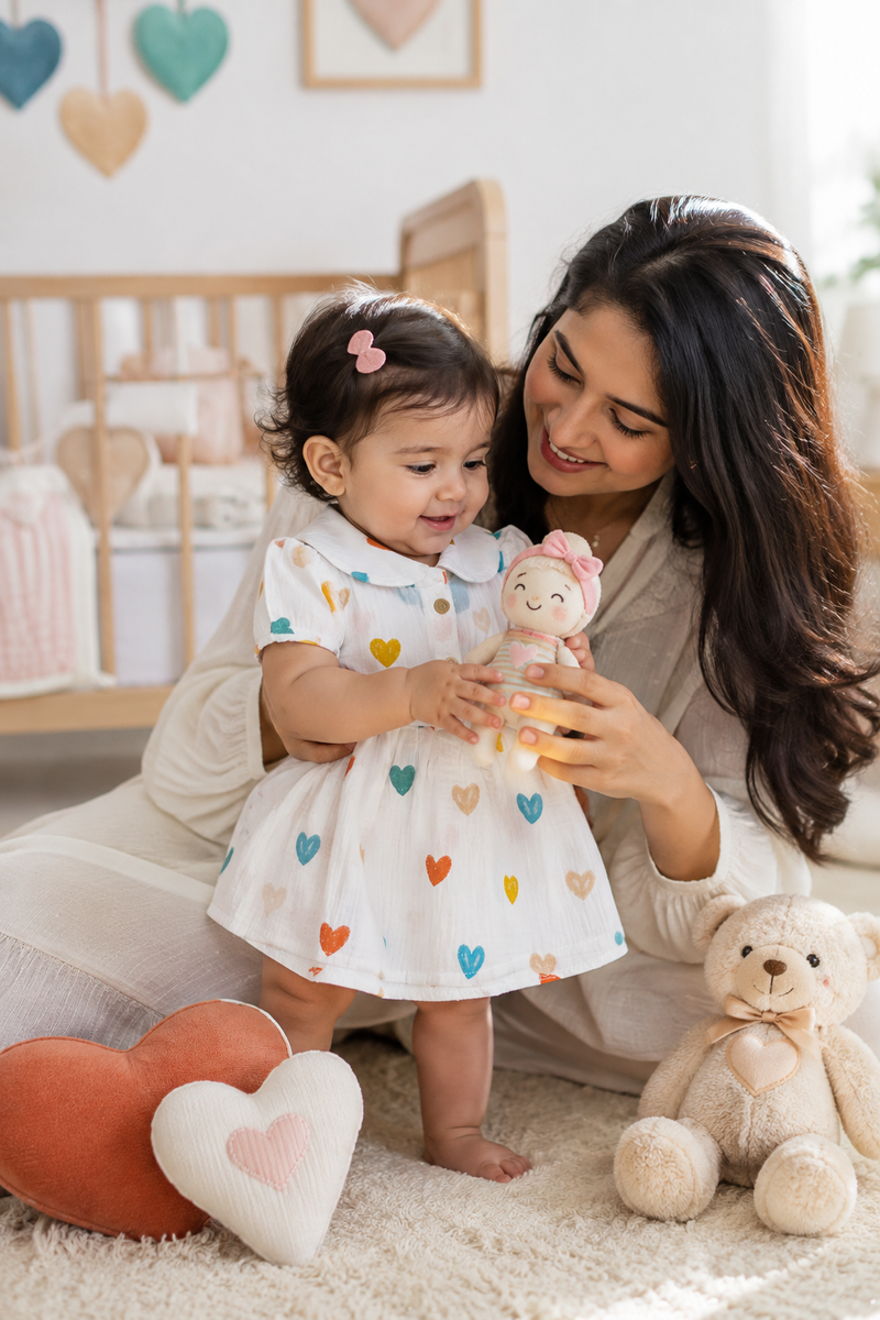 Girls Dress with Short Sleeves and Cute Collar | Premium Crinkled Double Layered Muslin Fabric - Design 12