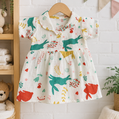 Girls Dress with Short Sleeves and Cute Collar | Premium Crinkled Double Layered Muslin Fabric - Design 1