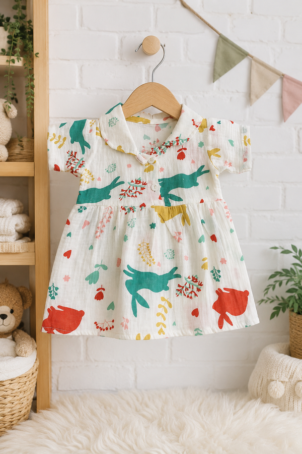 Girls Dress with Short Sleeves and Cute Collar | Premium Crinkled Double Layered Muslin Fabric - Design 1