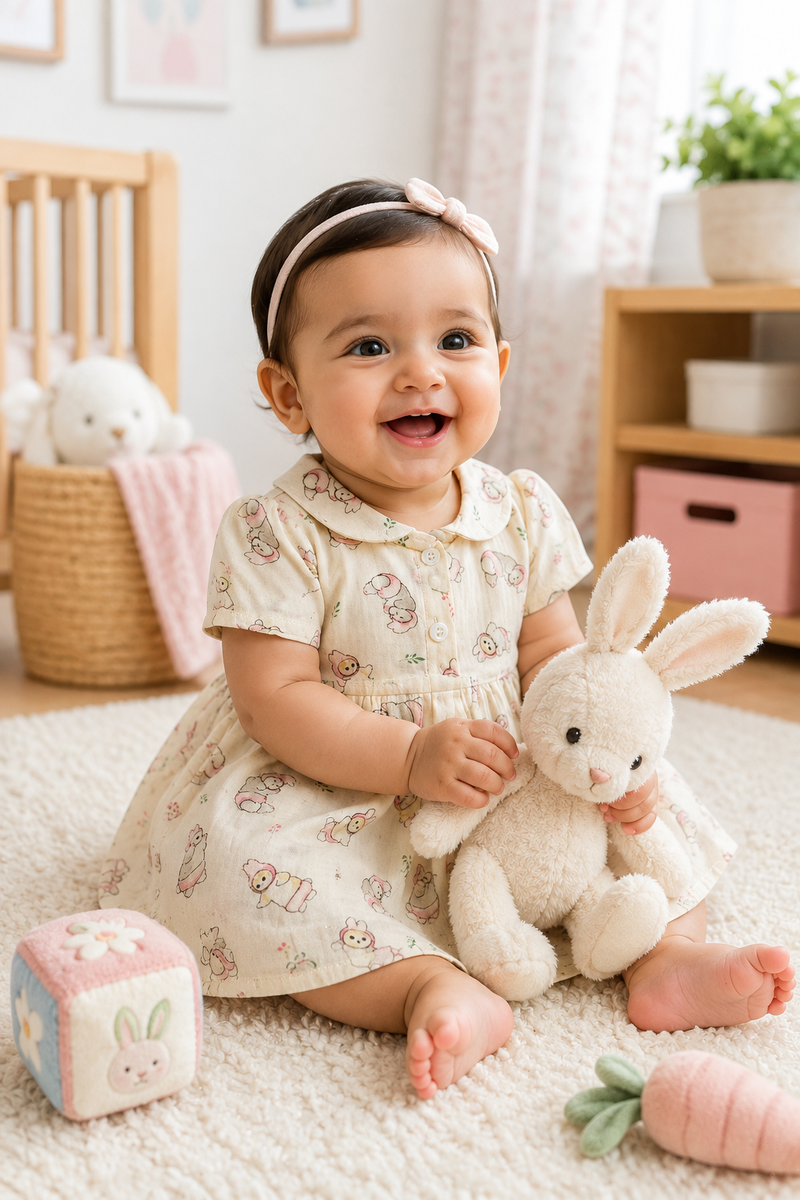 Girls Dress with Short Sleeves and Cute Collar | Premium Crinkled Double Layered Muslin Fabric - Design 2