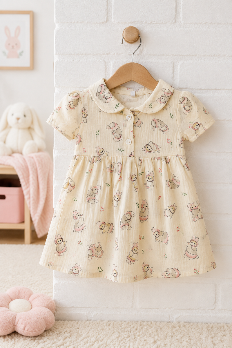 Girls Dress with Short Sleeves and Cute Collar | Premium Crinkled Double Layered Muslin Fabric - Design 2