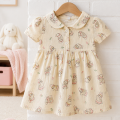 Girls Dress with Short Sleeves and Cute Collar | Premium Crinkled Double Layered Muslin Fabric - Design 2