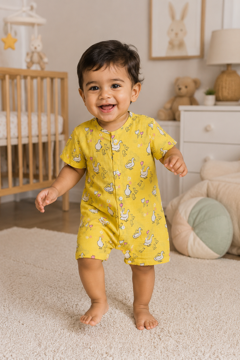 Yellow Duck | Short Sleeves | Unisex Romper Bodysuit | 100% Cotton Muslin for 0 to 2 Yrs