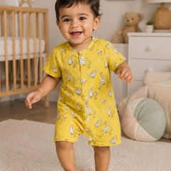 Yellow Duck | Short Sleeves | Unisex Romper Bodysuit | 100% Cotton Muslin for 0 to 2 Yrs