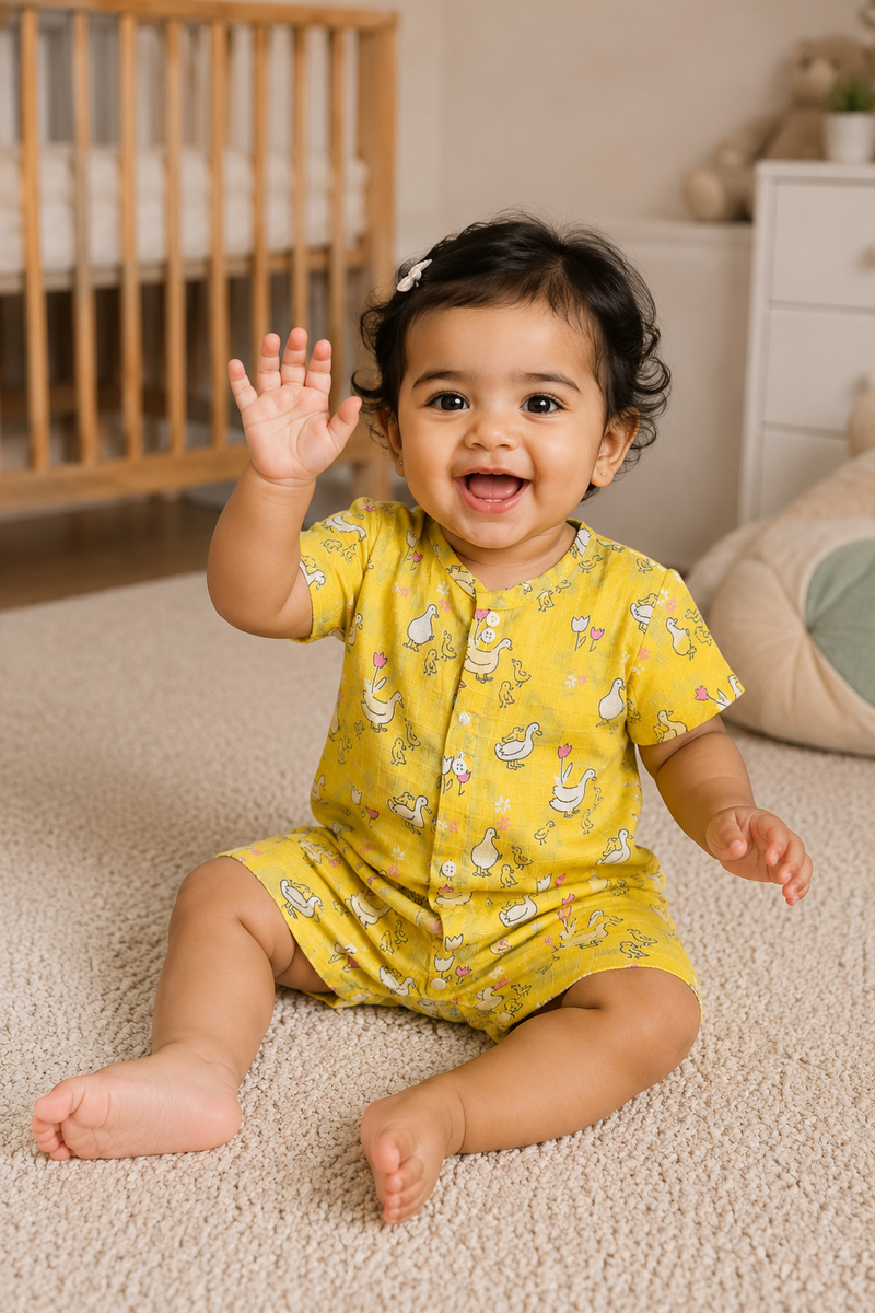 Yellow Duck | Short Sleeves | Unisex Romper Bodysuit | 100% Cotton Muslin for 0 to 2 Yrs