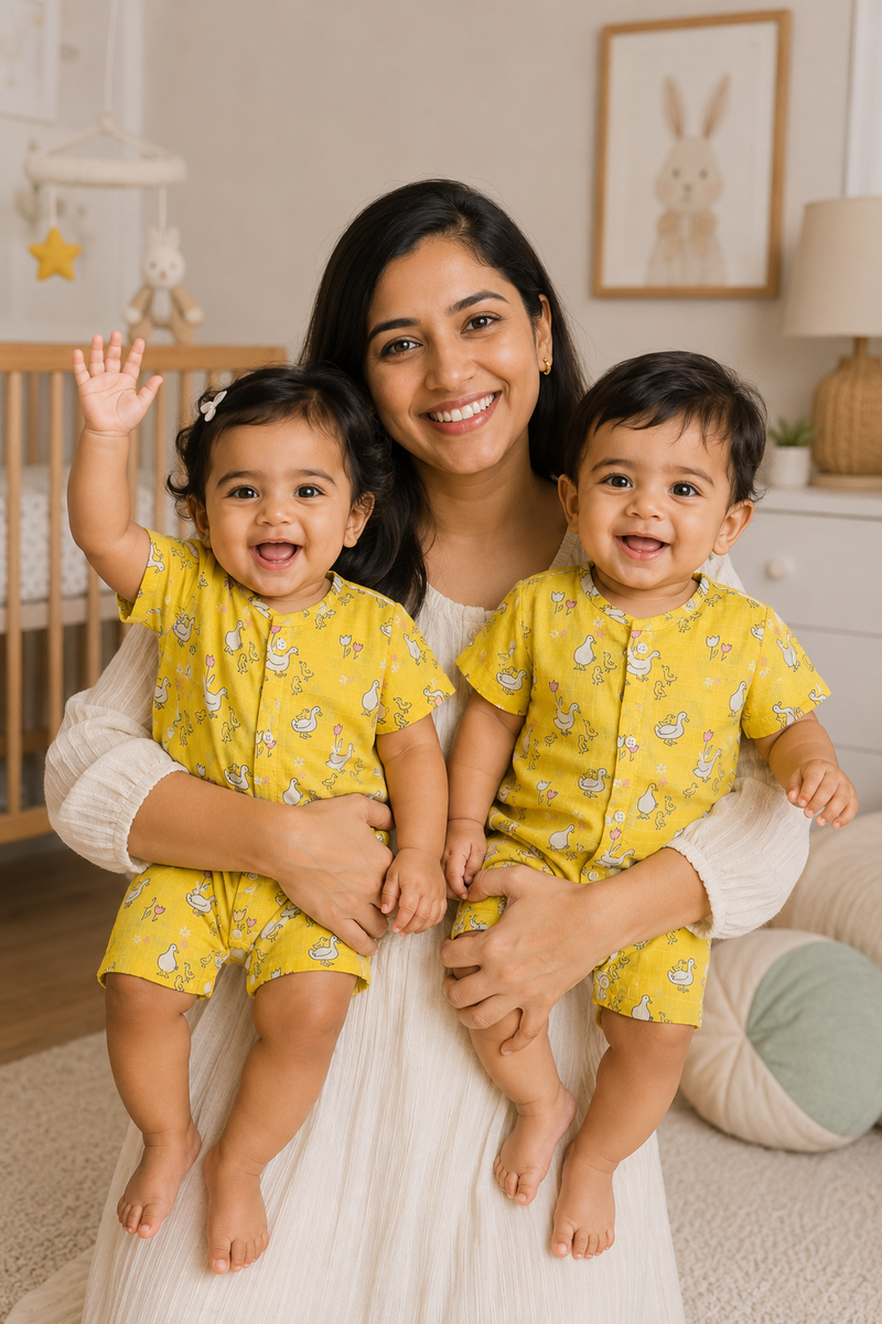 Yellow Duck | Short Sleeves | Unisex Romper Bodysuit | 100% Cotton Muslin for 0 to 2 Yrs