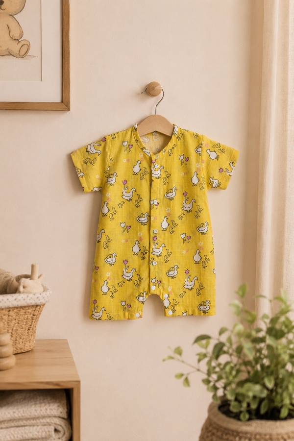 Yellow Duck | Short Sleeves | Unisex Romper Bodysuit | 100% Cotton Muslin for 0 to 2 Yrs