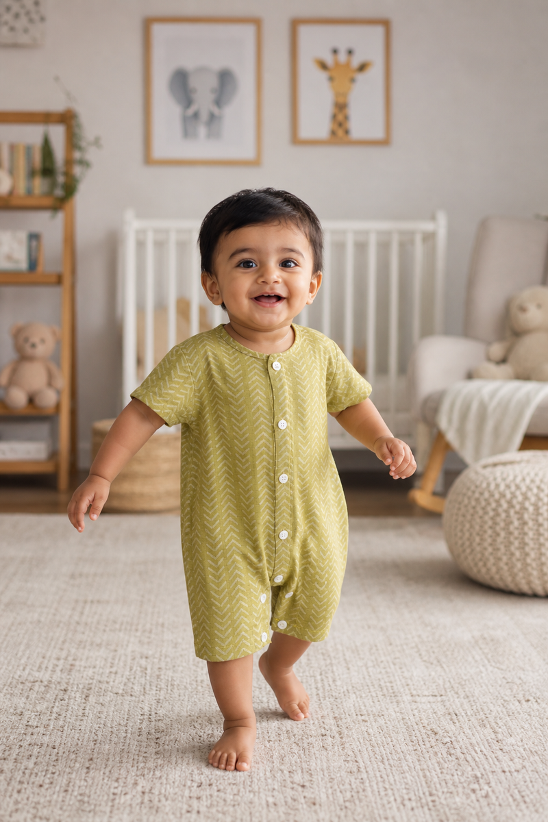 Earth Green | Short Sleeves | Unisex Romper Bodysuit | 100% Cotton Muslin for 0 to 2 Yrs