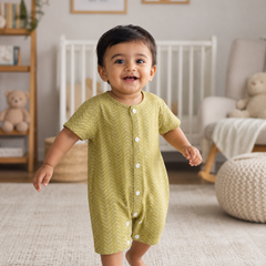Earth Green | Short Sleeves | Unisex Romper Bodysuit | 100% Cotton Muslin for 0 to 2 Yrs