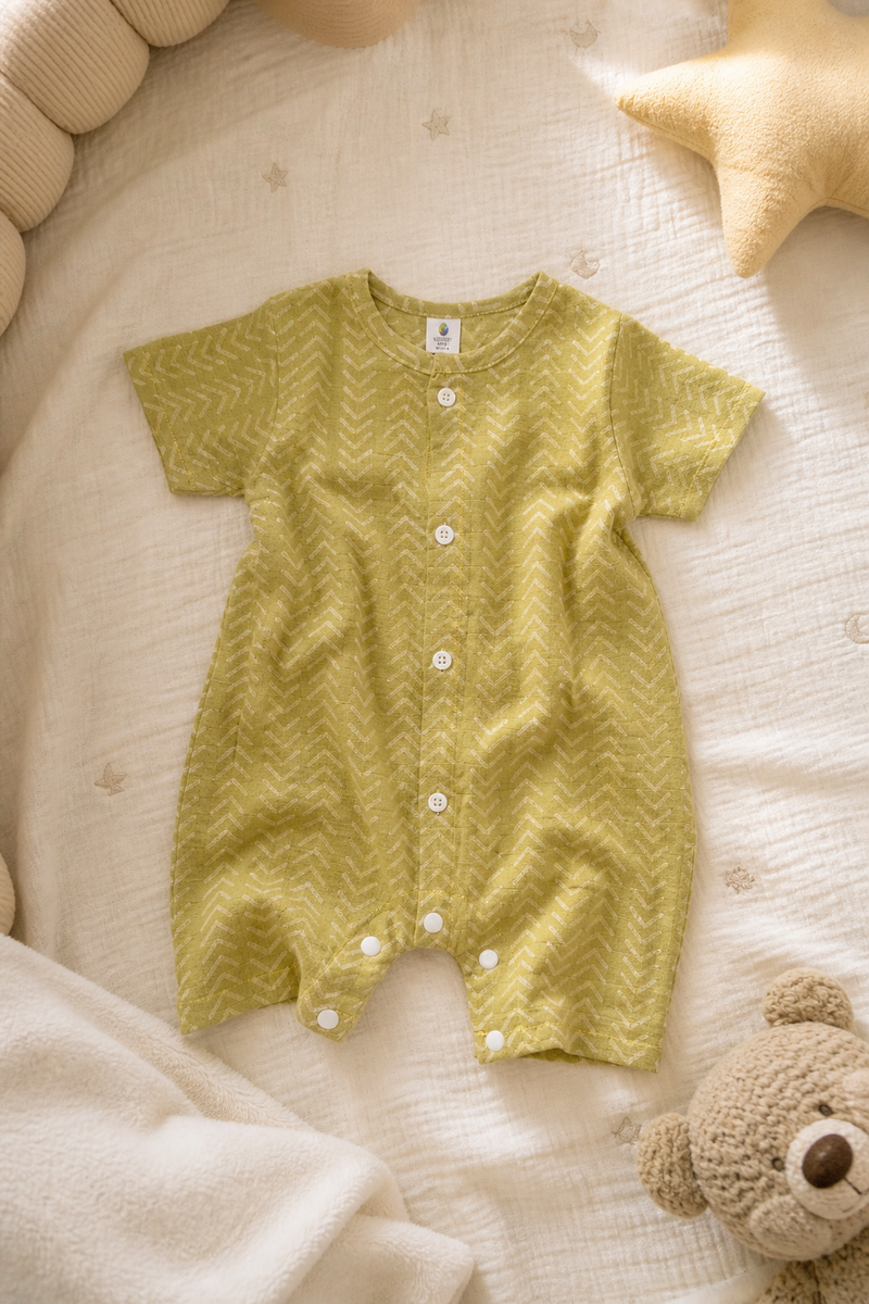 Earth Green | Short Sleeves | Unisex Romper Bodysuit | 100% Cotton Muslin for 0 to 2 Yrs