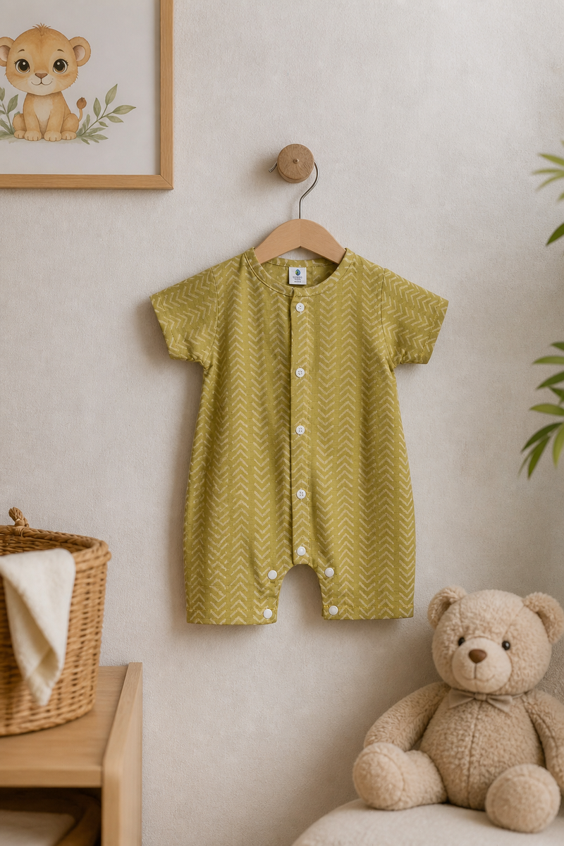Earth Green | Short Sleeves | Unisex Romper Bodysuit | 100% Cotton Muslin for 0 to 2 Yrs