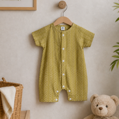Earth Green | Short Sleeves | Unisex Romper Bodysuit | 100% Cotton Muslin for 0 to 2 Yrs