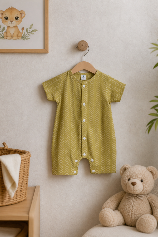 Earth Green | Short Sleeves | Unisex Romper Bodysuit | 100% Cotton Muslin for 0 to 2 Yrs