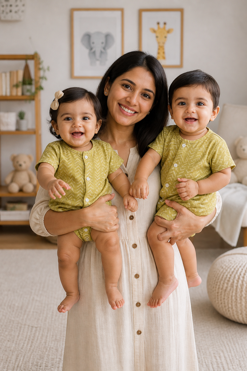 Earth Green | Short Sleeves | Unisex Romper Bodysuit | 100% Cotton Muslin for 0 to 2 Yrs