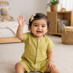 Earth Green | Short Sleeves | Unisex Romper Bodysuit | 100% Cotton Muslin for 0 to 2 Yrs