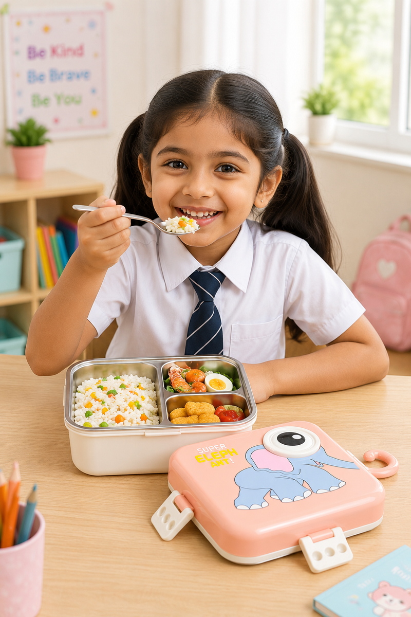 3 Compartent Stainless Steel Insulated Tiffin for School with Spoon, BPA-Free | Leak-Resistant Bento Box with Tray & Container | 800 ml