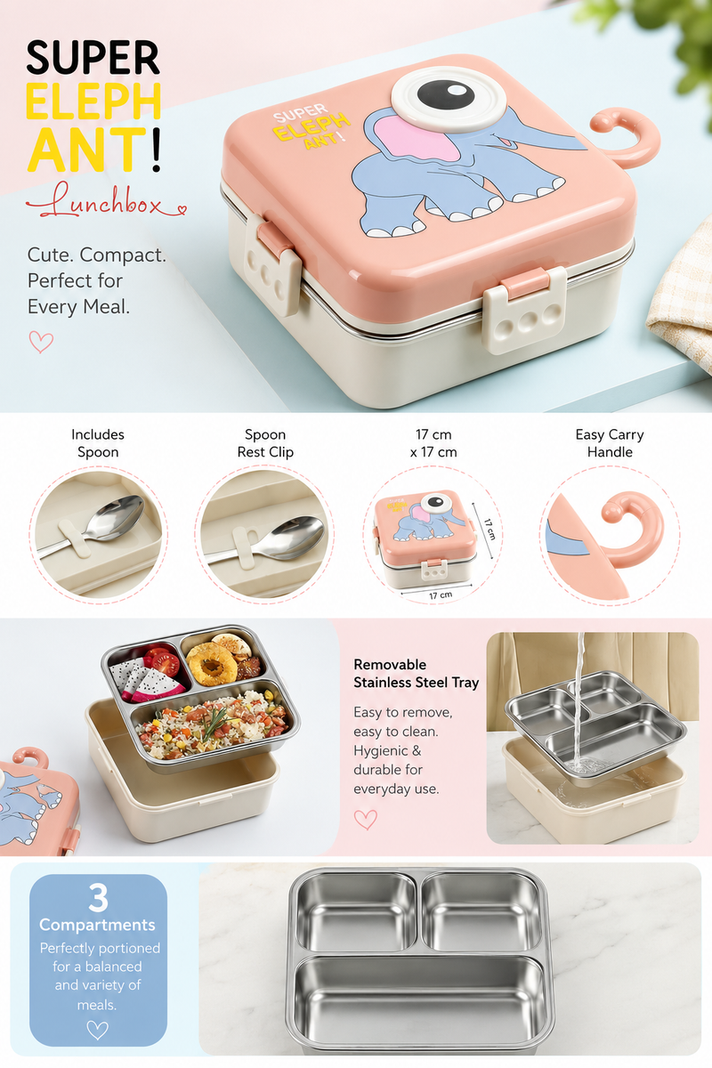 3 Compartent Stainless Steel Insulated Tiffin for School with Spoon, BPA-Free | Leak-Resistant Bento Box with Tray & Container | 800 ml