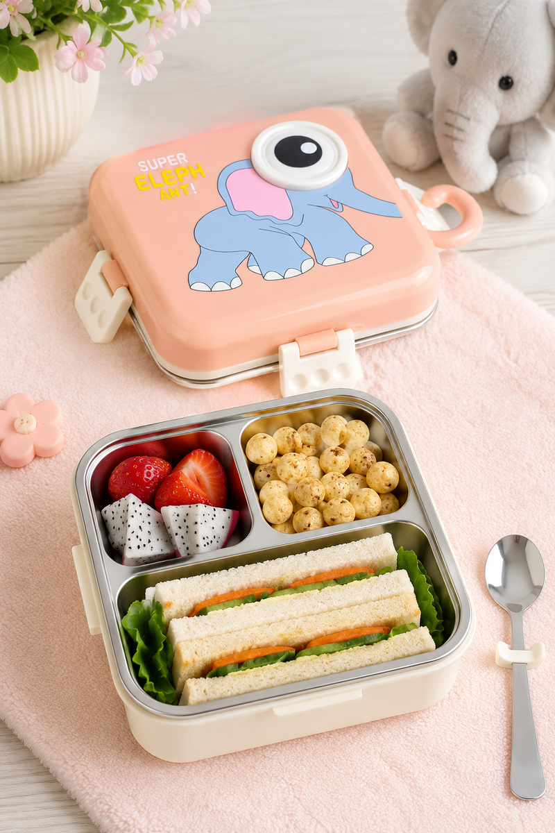 3 Compartent Stainless Steel Insulated Tiffin for School with Spoon, BPA-Free | Leak-Resistant Bento Box with Tray & Container | 800 ml