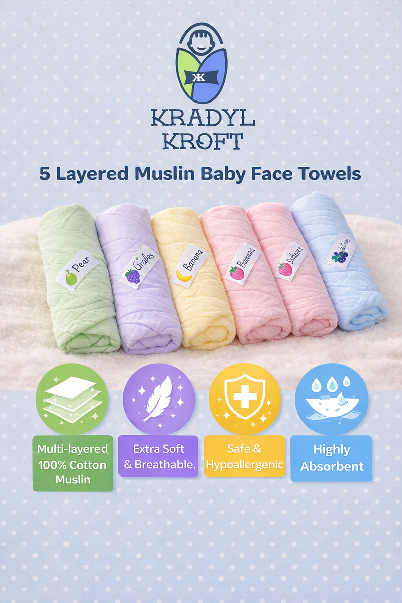 Pack of 5 Baby face Towels - Soft Cotton Muslin 5 layers - Baby Colors