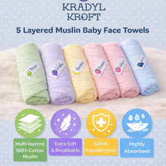 Pack of 5 Baby face Towels - Soft Cotton Muslin 5 layers - Baby Colors