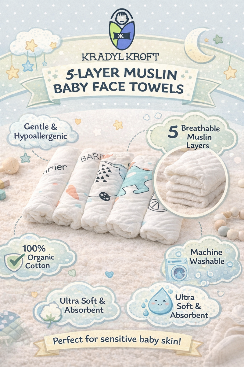 Pack of 5 Baby face Towels - Soft Cotton Muslin 5 layers - White