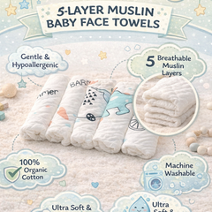 Pack of 5 Baby face Towels - Soft Cotton Muslin 5 layers - White