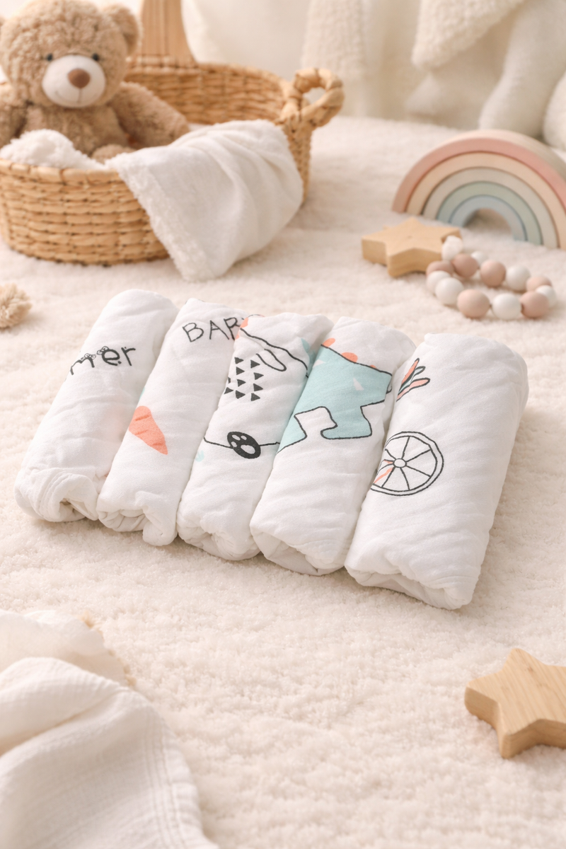 Pack of 5 Baby face Towels - Soft Cotton Muslin 5 layers - White