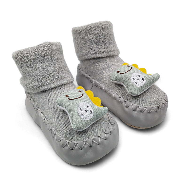 Grey Dino- Baby Sock Shoes for Infants Babies - 6 to 18 Months