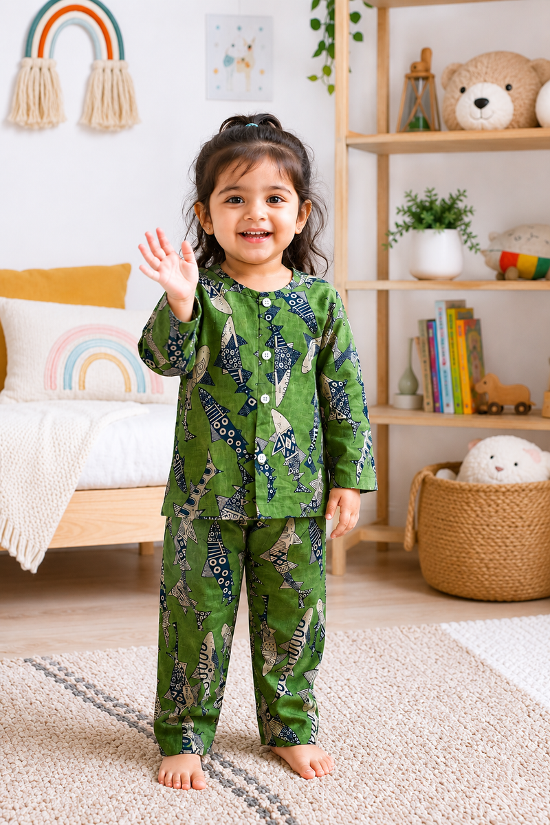 Fish on Greens - 100% Cotton Lightweight Cambric Soft Unisex Muslin Set for New Born to 6 Years