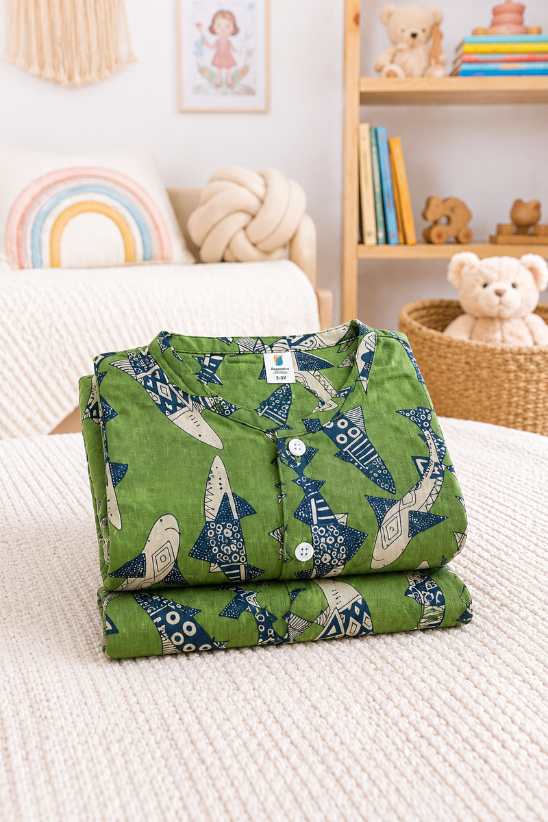 Fish on Greens - 100% Cotton Lightweight Cambric Soft Unisex Muslin Set for New Born to 6 Years