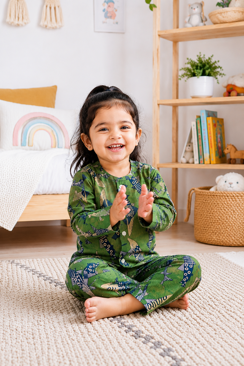 Fish on Greens - 100% Cotton Lightweight Cambric Soft Unisex Muslin Set for New Born to 6 Years