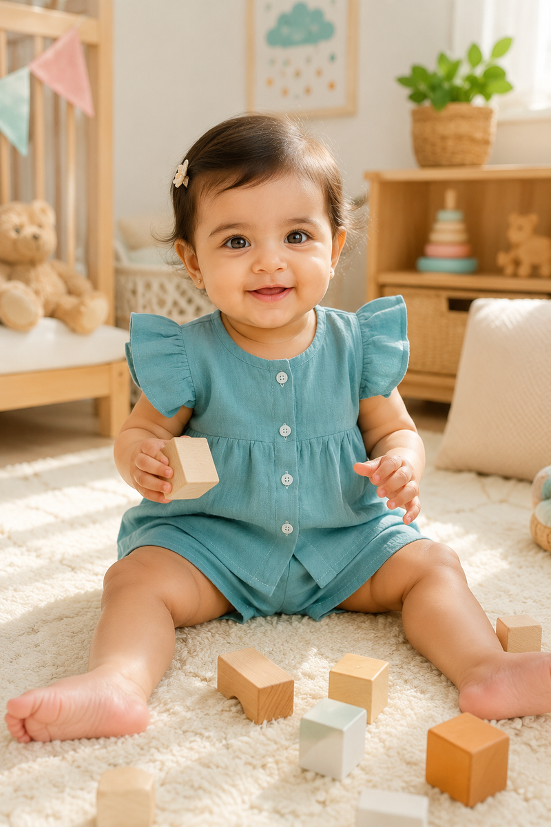 Teal Baby Girl Short Sleeve Top and Shorts Set | Premium Crinkled Double Layered Muslin
