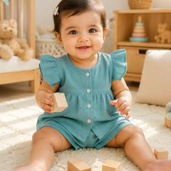 Teal Baby Girl Short Sleeve Top and Shorts Set | Premium Crinkled Double Layered Muslin