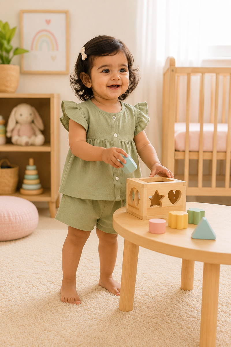 Lime Green Baby Girl Short Sleeve Top and Shorts Set | Premium Crinkled Double Layered Muslin