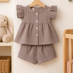 Beige Baby Girl Short Sleeve Top and Shorts Set | Premium Crinkled Double Layered Muslin