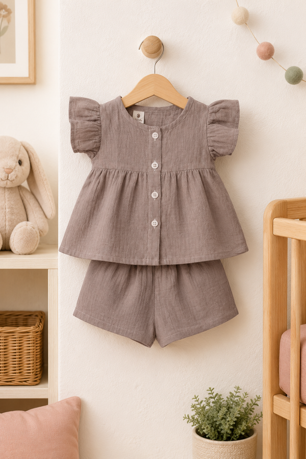 Beige Baby Girl Short Sleeve Top and Shorts Set | Premium Crinkled Double Layered Muslin