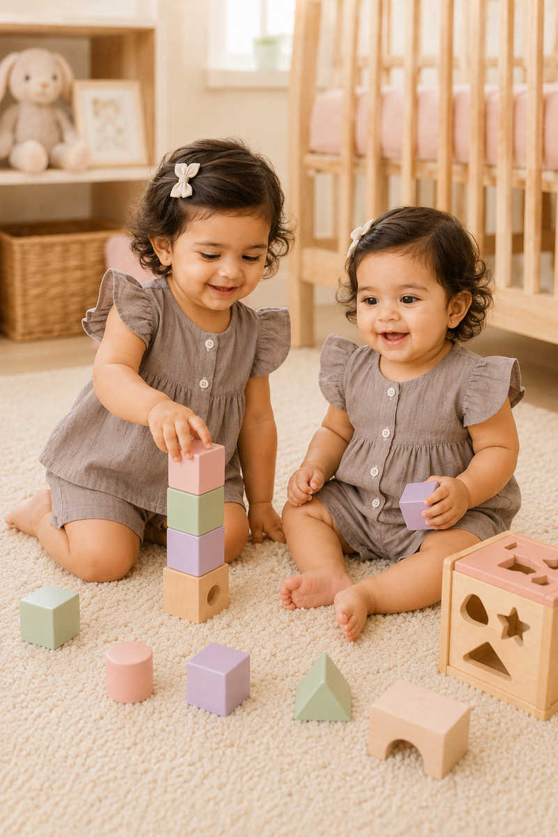 Beige Baby Girl Short Sleeve Top and Shorts Set | Premium Crinkled Double Layered Muslin