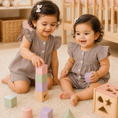 Beige Baby Girl Short Sleeve Top and Shorts Set | Premium Crinkled Double Layered Muslin