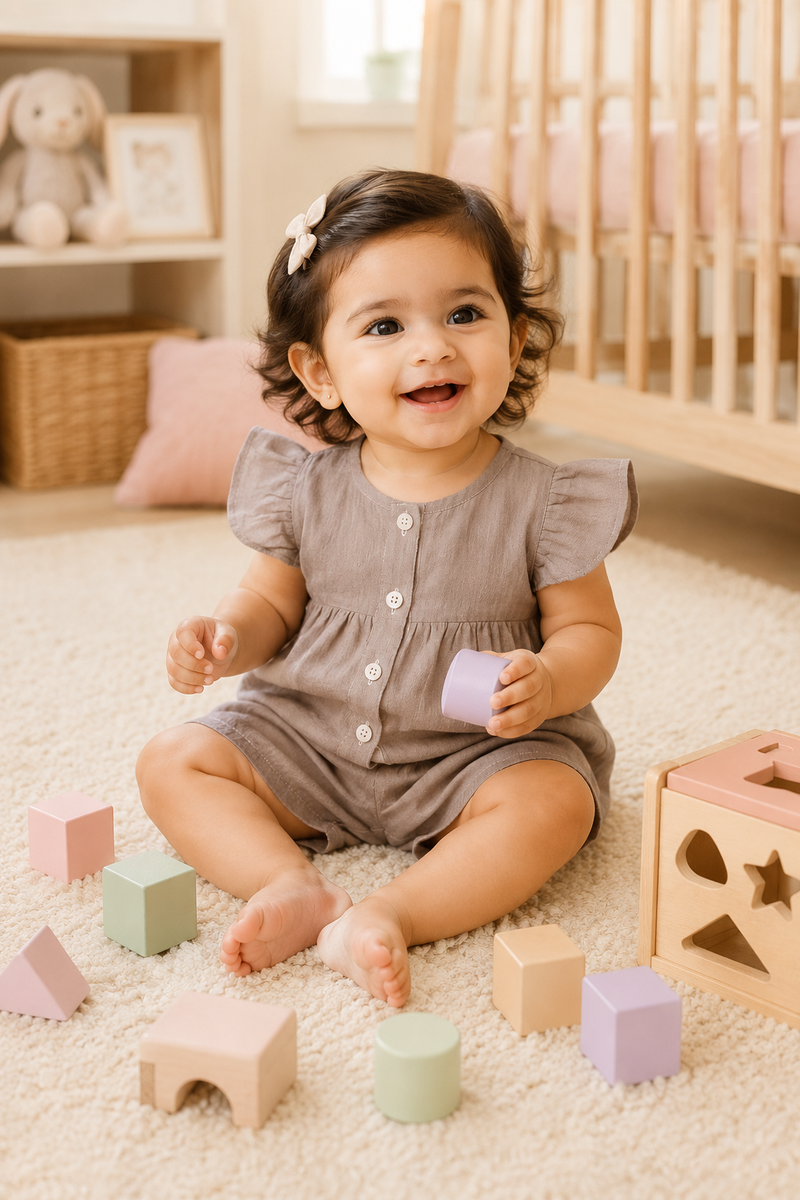 Beige Baby Girl Short Sleeve Top and Shorts Set | Premium Crinkled Double Layered Muslin