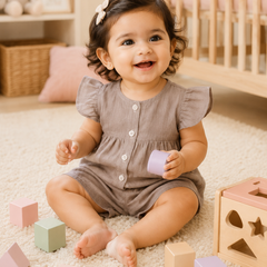 Beige Baby Girl Short Sleeve Top and Shorts Set | Premium Crinkled Double Layered Muslin