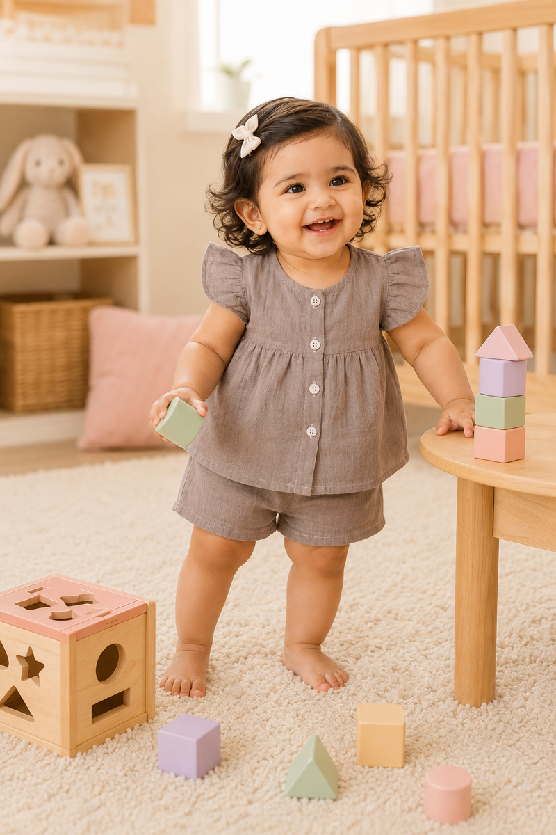 Beige Baby Girl Short Sleeve Top and Shorts Set | Premium Crinkled Double Layered Muslin