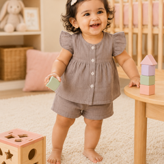 Beige Baby Girl Short Sleeve Top and Shorts Set | Premium Crinkled Double Layered Muslin