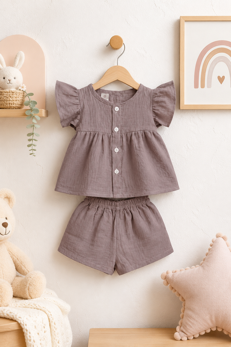 Pink Baby Girl Short Sleeve Top and Shorts Set | Premium Crinkled Double Layered Muslin
