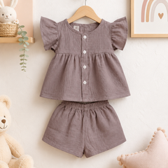 Pink Baby Girl Short Sleeve Top and Shorts Set | Premium Crinkled Double Layered Muslin