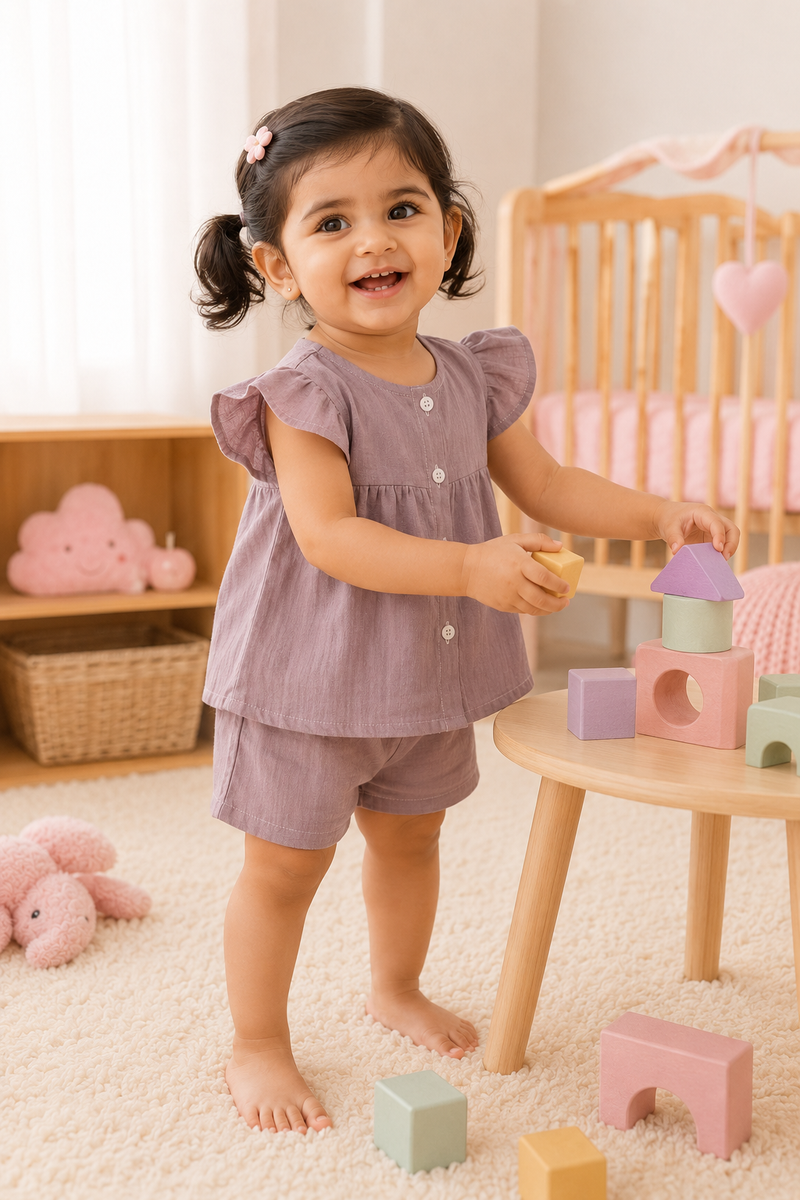 Pink Baby Girl Short Sleeve Top and Shorts Set | Premium Crinkled Double Layered Muslin
