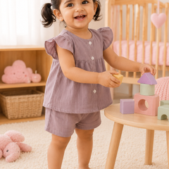 Pink Baby Girl Short Sleeve Top and Shorts Set | Premium Crinkled Double Layered Muslin