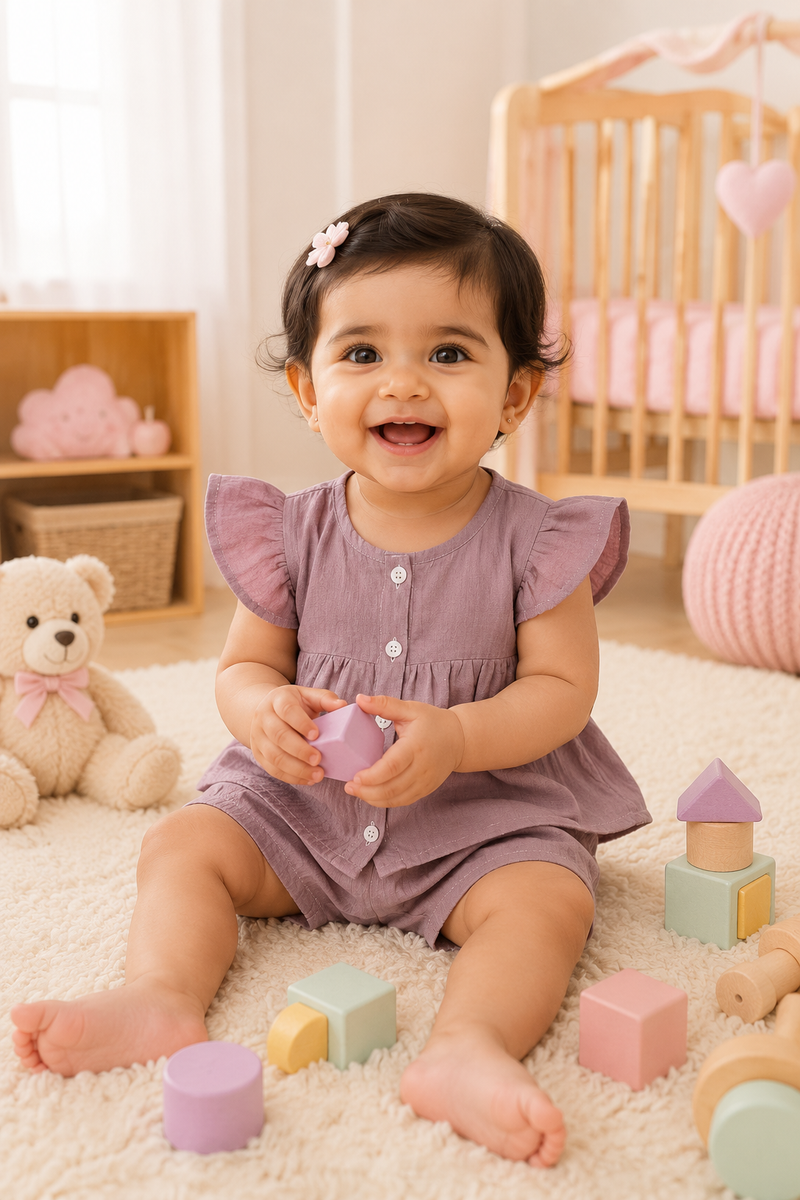 Pink Baby Girl Short Sleeve Top and Shorts Set | Premium Crinkled Double Layered Muslin